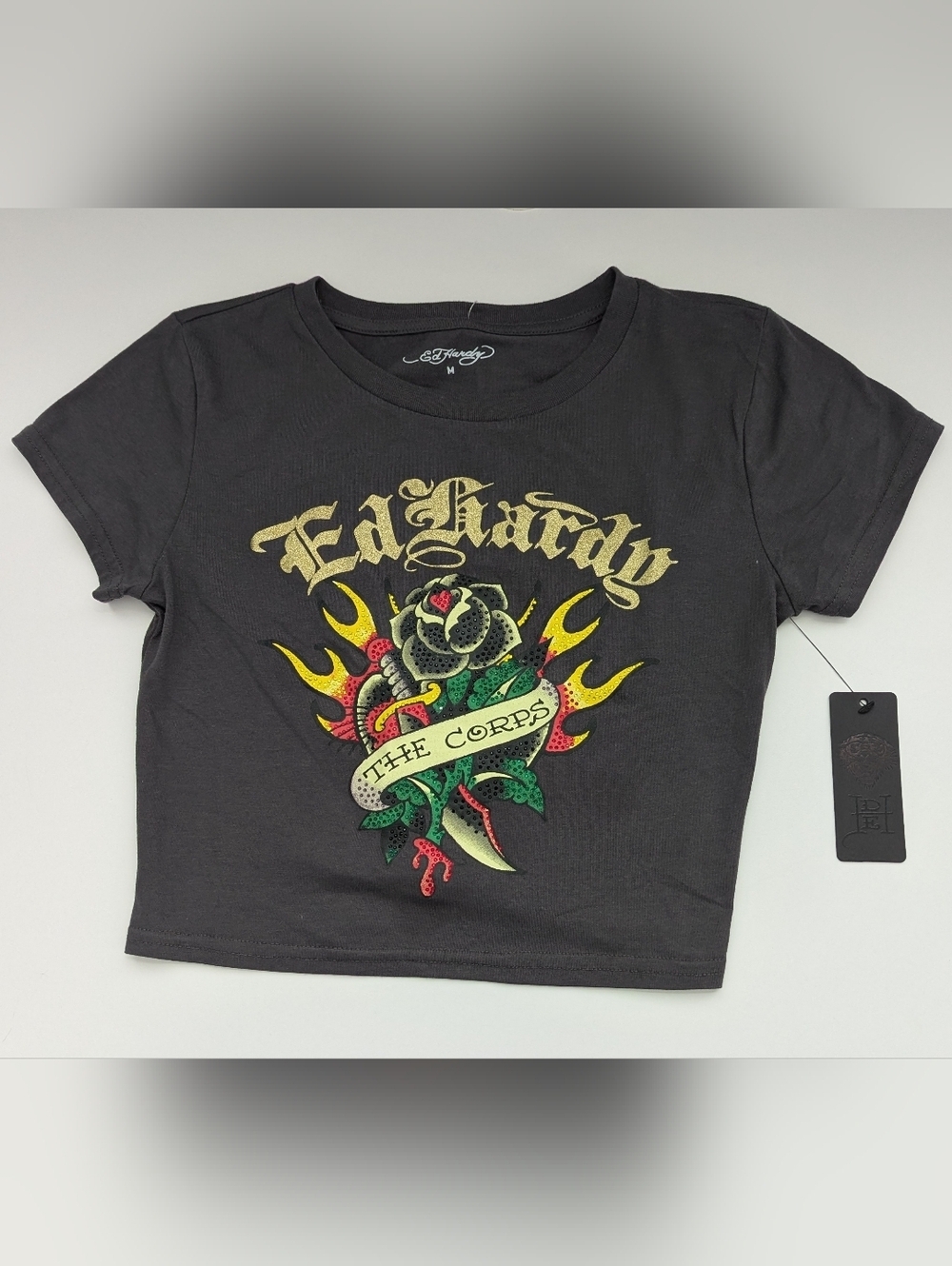 NWT Ed Hardy Jr. Ladies (M) Grey Cropped T-Shirt w/Graphics/Rhinestones/Glitter